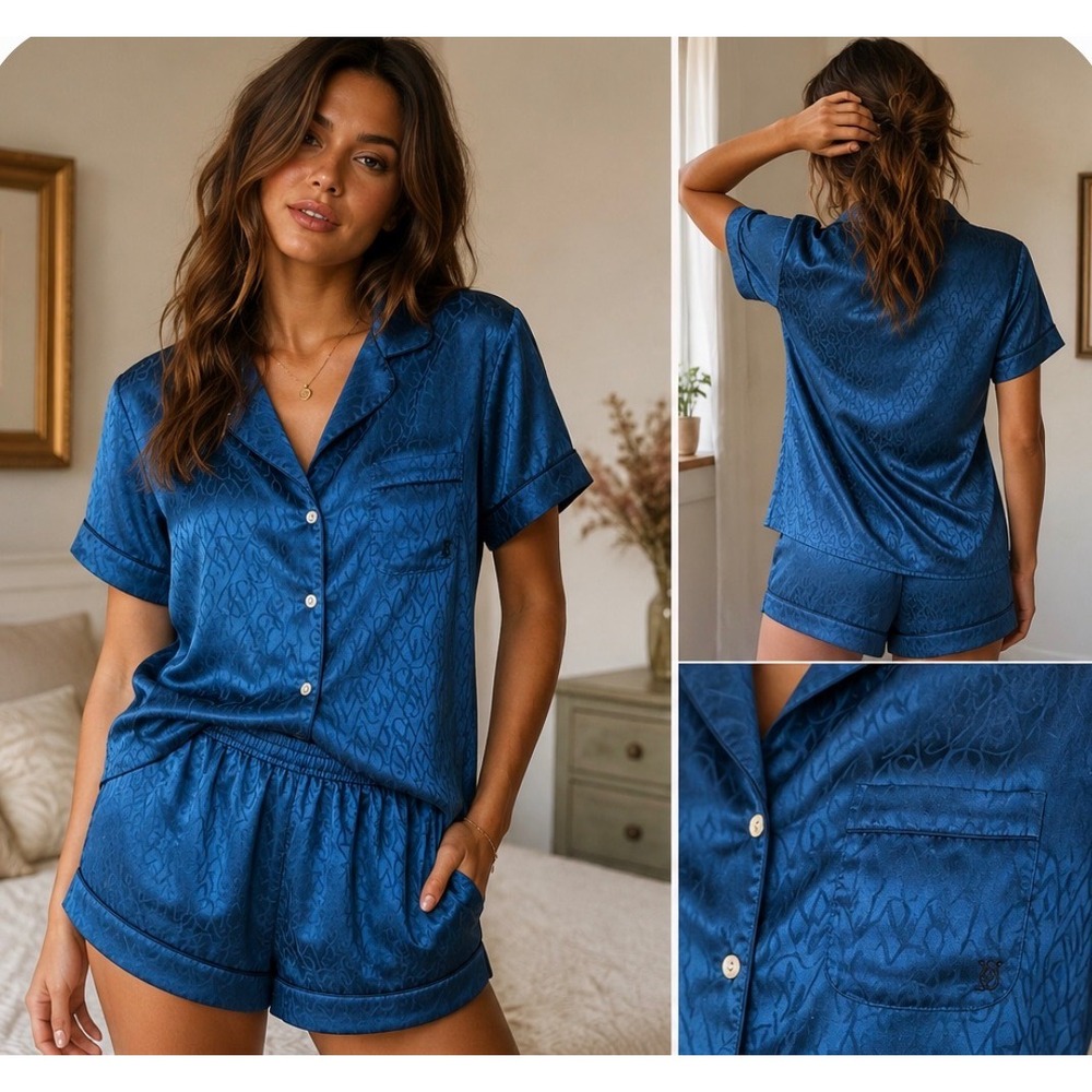 Victorias Secret Satin Pajama Set Blue Monogram Logo Short Sleeve Shorts Large